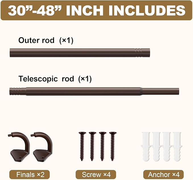GXOACKJ Brown Curtain Rods for Windows 28 to 48 inch, 5/8 inch Adjustable Wrap - Image 5