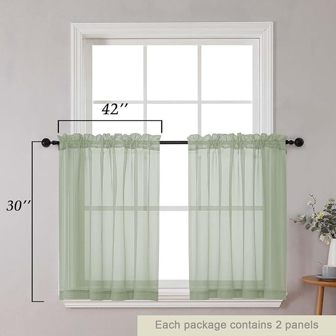 Sage Green Kitchen Curtains 30 Inch Length Tier 2 PCS, Solid Soft Half Curtains - Image 2