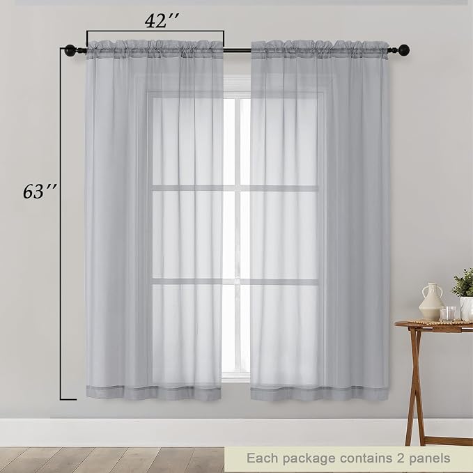 Sheer Light Grey Curtains for Bedroom Living Room 63 Inch Length 2 Panels - Image 2