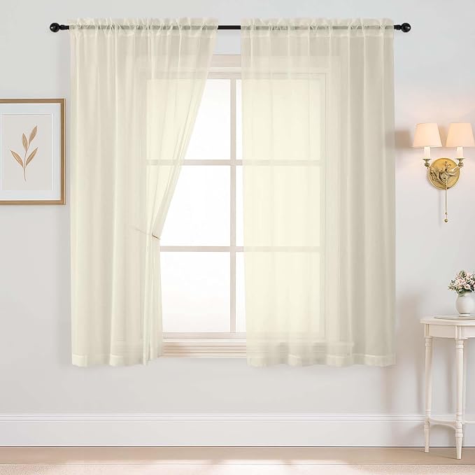 Cream Sheer Curtains 63 Inch Length 2 Panels, Voile Sheer Curtain by Home