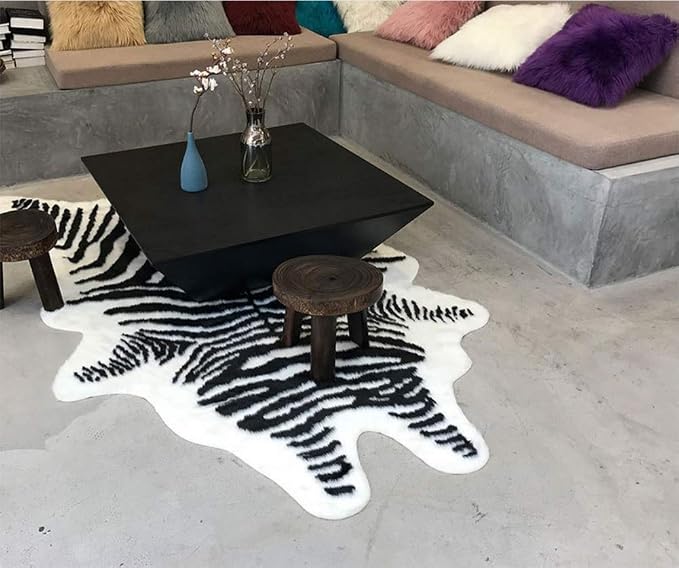 Zebra Print Rug Faux Animal Cowhide Skin Area Rug Leather Carpet Mat Large Size - Image 3