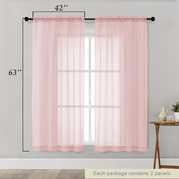 Sheer Blush Curtains for Bedroom Living Room 63 Inch Length 2 Panels, Airy Soft - Image 2