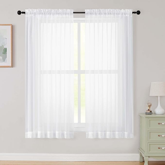 White Sheer Curtains 63 Inch Length 2 Panels Set by WelvetBLK
