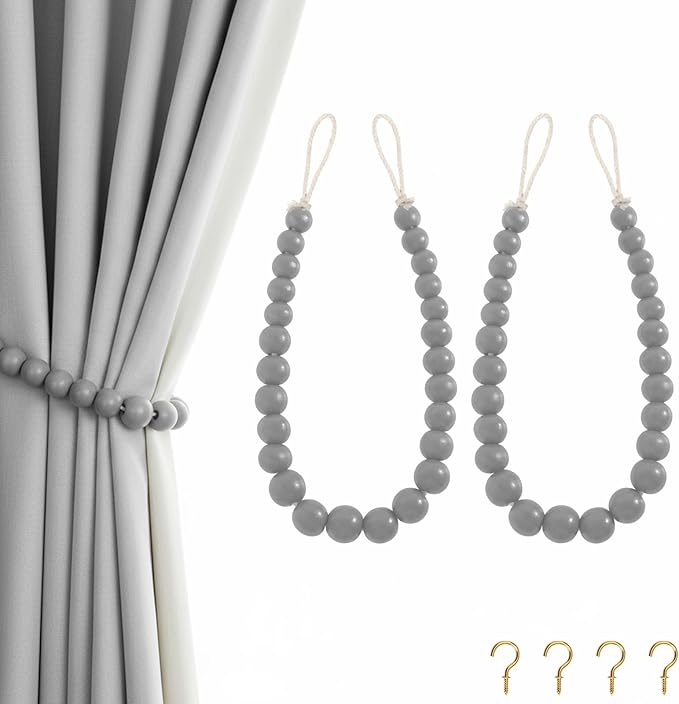 Hion 2 Pcs Boho Curtain Tiebacks, Wood Beads Curtain Holdbacks, Outdoor by Hion