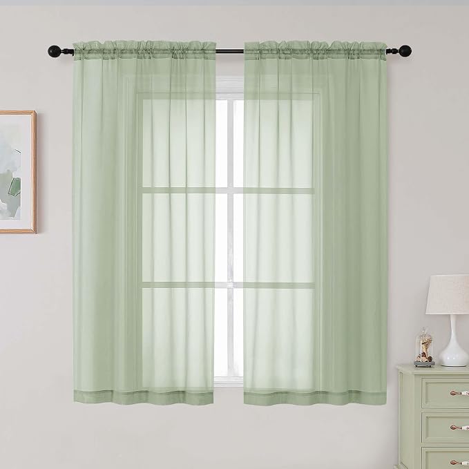 Light Green Sheer Curtains for Bedroom Living Room 54 Inch Length 2 Panels Set by WelvetBLK