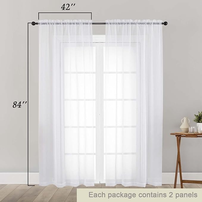 White Sheer Curtains 84 Inches Long 2 Panels Set - Image 2