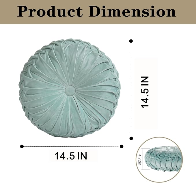 HIG Set of 2 Aqua Ruched Velvet Round Throw Pillows – 14.5’’ Decorative Pillows - Image 5