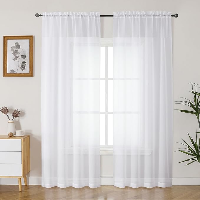 Gwine White Sheer Curtains 90 Inches Long 2 Panels Set, Light Filtering Solid by Gwine