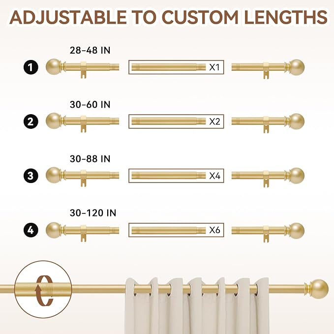 Gold Curtain Rod for Windows 28 to 48 Inch, 2 Pack 5/8 Inch Diameter Adjustable - Image 5