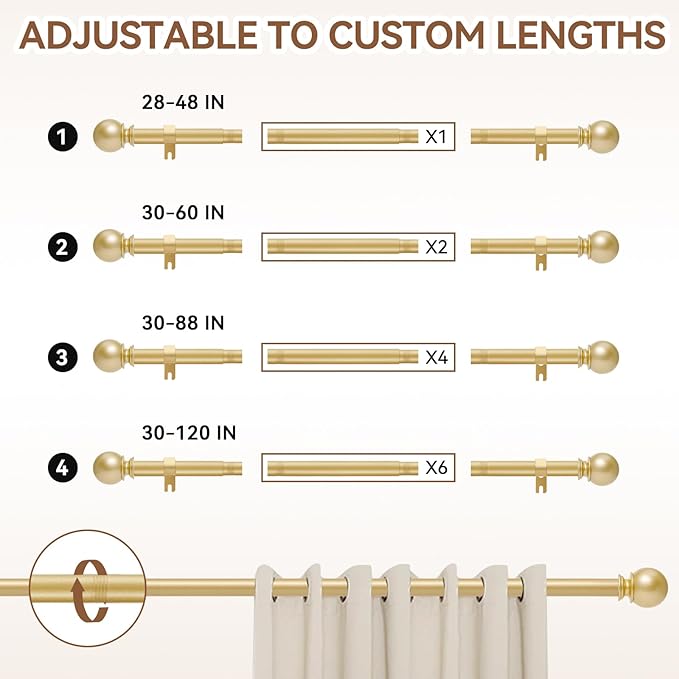 Gold Curtain Rod for Windows 30 to 60 Inch, 5/8 Inch Diameter Adjustable - Image 5