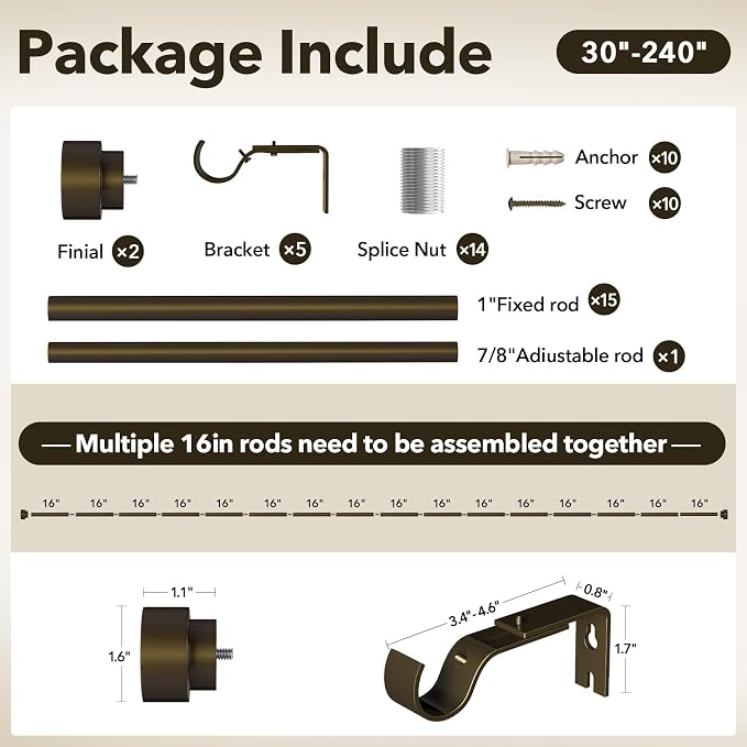 Extra Long Curtain Rods for Windows 32 to 240 Inch, 1 Inch Bronze Heavy Duty - Image 3