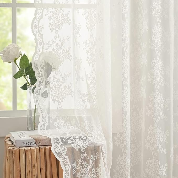 YJ YANJUN Vintage Lace Curtains Ivory Floral 105 inch Curtains 2 Panels - Image 3