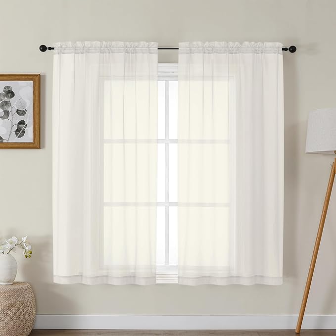 Gwine Ivory Sheer Curtains for Bedroom 54 inches Long 2 Panels, Light Filtering by Gwine