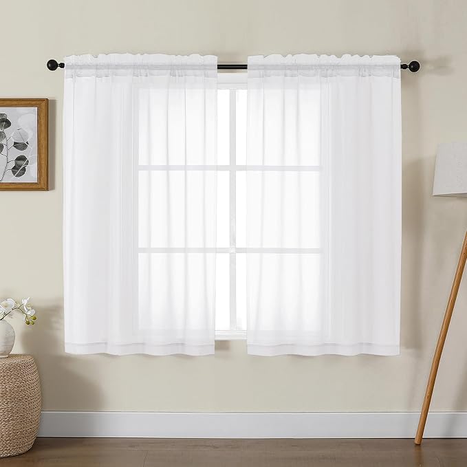 Gwine White Sheer Kitchen Curtains 36 Inch Length, Light Filtering Voile Soft by Gwine