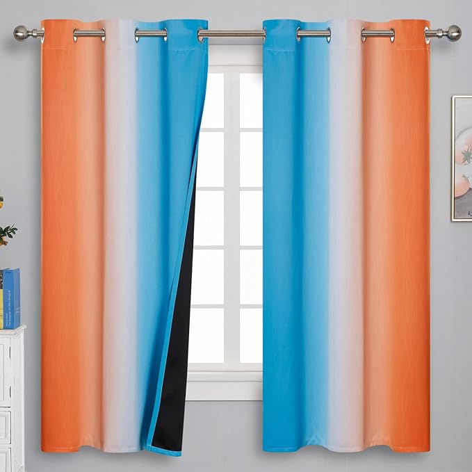 Ombre Orange and Blue Curtains 63 Inch Length 2 panels, Total Blackout Curtains by ESTELARTEXTILER