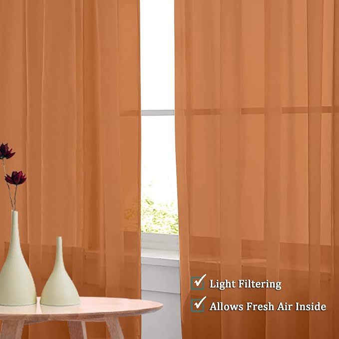 OVZME Orange Sheer Curtains 54 Inches Long 2 Panels - Image 3
