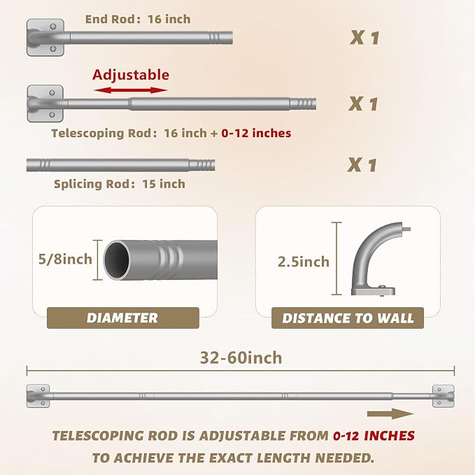 UIOSANRT Curtain Rods for Windows 32 to 60 inch, 5/8" Diameter Silver Ceiling - Image 5