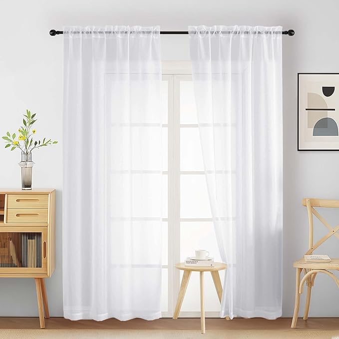 Sheer White Curtains 84 Inches Long 2 Panels, Elegant Airy Transparent Light by Home