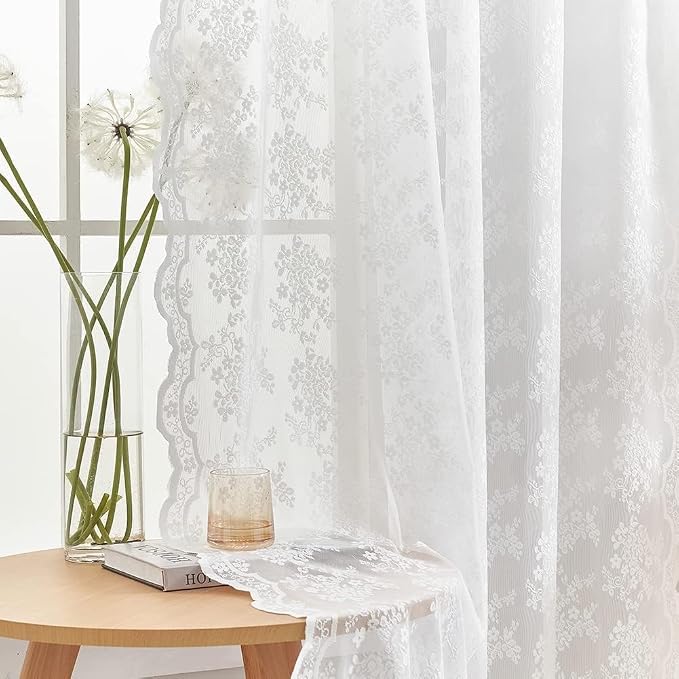 YJ YANJUN Vintage Lace Curtains 120 Inches Long-Victorian Floral Pattern White - Image 2