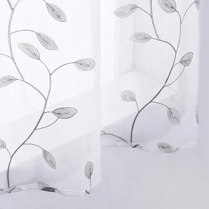 MRTREES Sheer Voile Curtain Valances 2 Panels, Leaves Embroidered Valance - Image 5