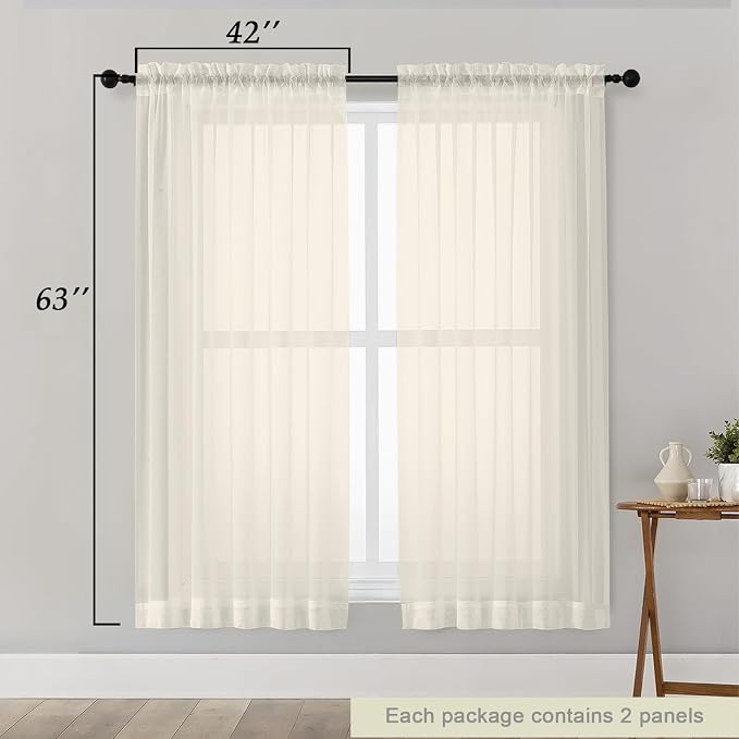 Cream Sheer Curtains 63 Inch Length 2 Panels Set - Image 2