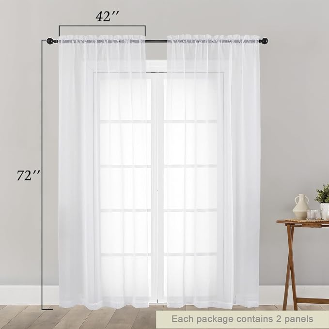 White Sheer Curtain for Bedroom Living Room 72 Inches Long 2 Panels Set - Image 2