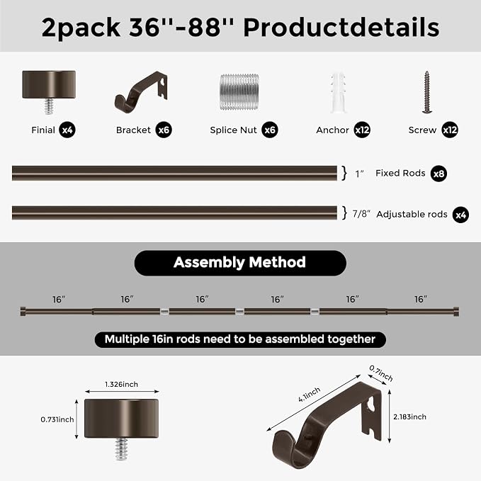 VOIIY 2 Pack Curtain Rods for Windows 48 to 84 Inch, Bronze 1'' Diameter - Image 8