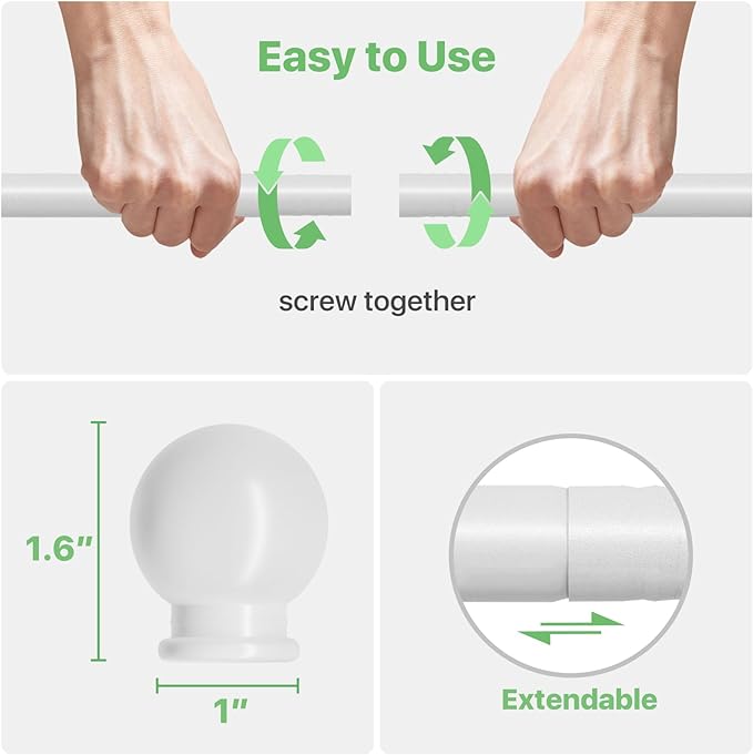 White Curtain Rods for Windows 28 to 48 inch, Adjustable Curtain Rod Set - Image 5