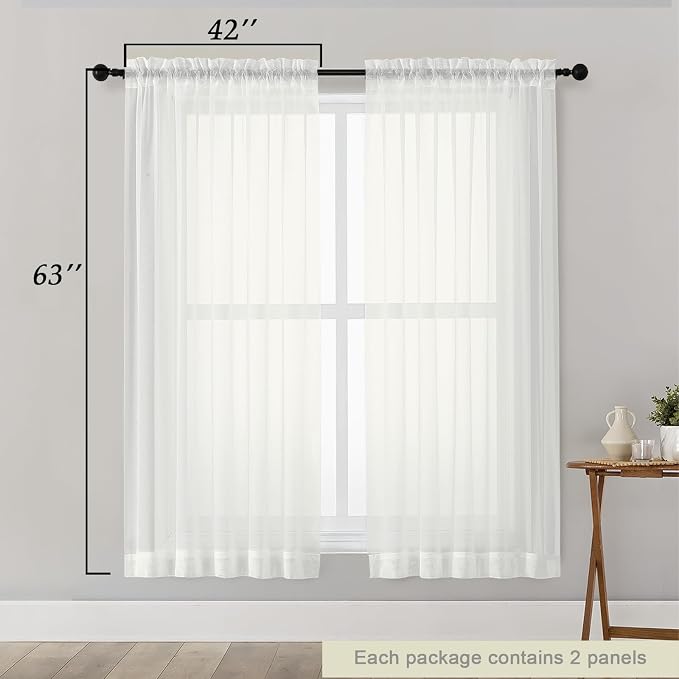 Sheer Ivory Curtains for Bedroom Living Room 63 Inch Length 2 Panels, Airy Soft - Image 2