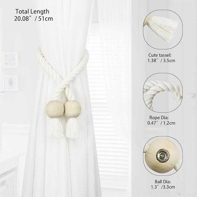 6 Pack Magnetic Curtain Tiebacks Cotton Hand Woven Tie Back Decorative Rope - Image 2