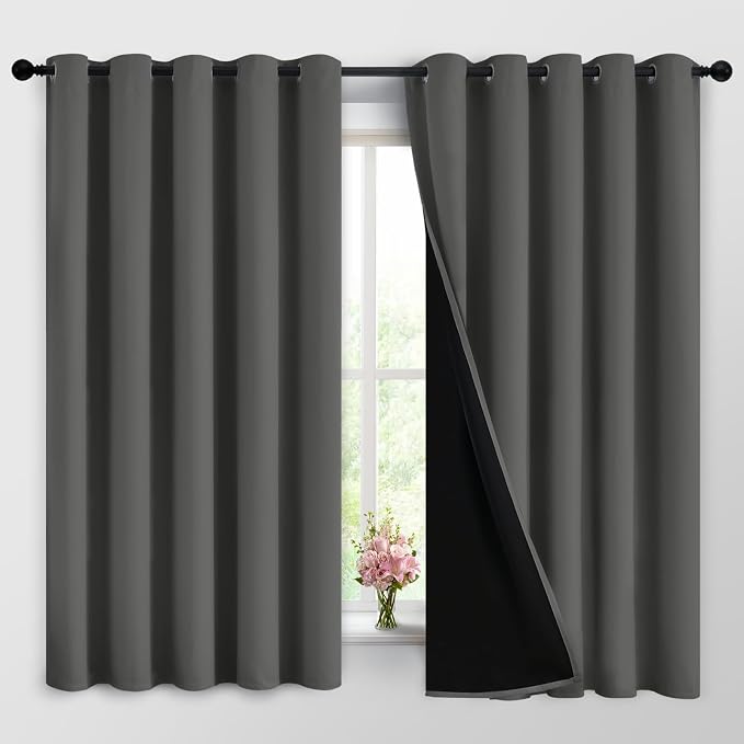 Dark Grey Full Shade Curtain Panels, Heavy Duty Lined Curtains 63 Inches Long by Yakamok