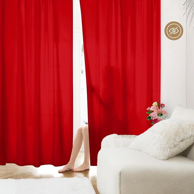 HOMEIDEAS Christmas Non-See-Through Red Privacy Sheer Curtains, 52 X 54 Inches - Image 2