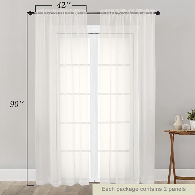 Ivory Sheer Curtains for Bedroom Living Room 90 Inches Long 2 Panels Set - Image 2
