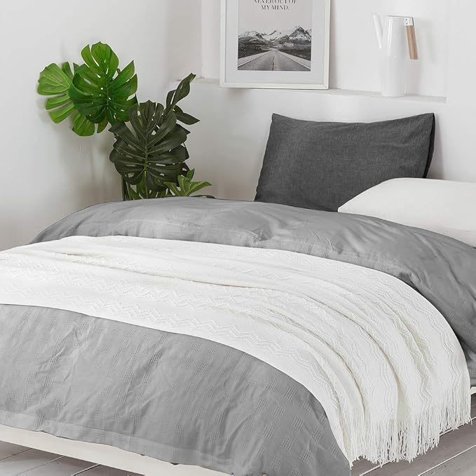 BOURINA Off White Throw Blanket 60x80 Inches Throw Textured Solid Soft Sofa - Image 4