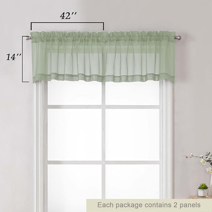 Sage Green Valances for Windows, Sheer Curtains 14 Inch Length 2 Pack Kitchen - Image 2