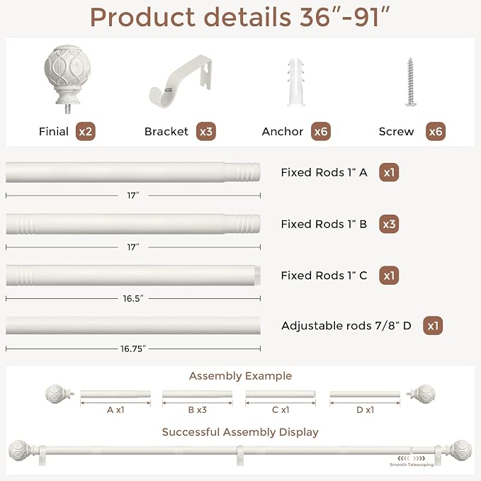 White Curtain Rods for Windows 48 to 84 Inch, Antique Decorative 1 Inch - Image 6