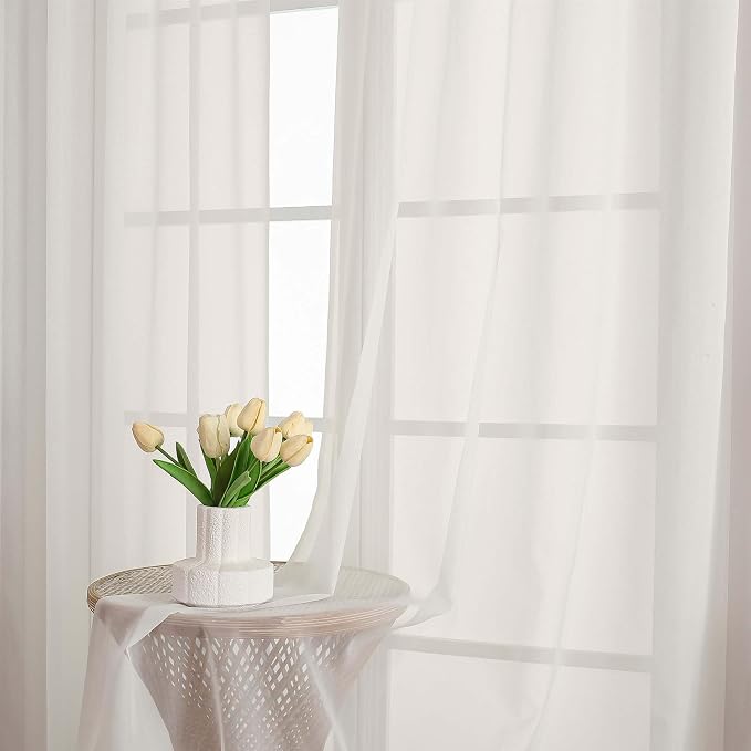 OWENIE Ivory Sheer Curtain 90 Inches Long 2 Panels Set, Solid Filmy Drapes - Image 2