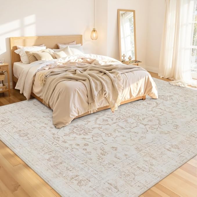 10x12 Area Rugs Living Room: Bedroom Washable Carpet Warm Beige | Vintage Boho - Image 2
