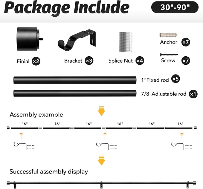 GEEBOBO Black Curtain Rods for Windows 48 to 84 Inch, 1 Inch Adjustable Heavy - Image 6