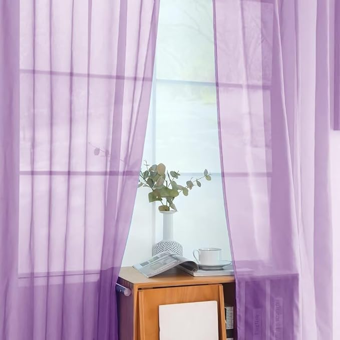 youleyar Solid Sheer Rod Pocket Curtain Voile Draperies 2 Panels White Beige - Image 4