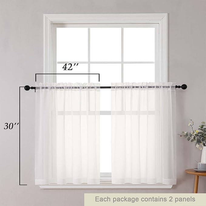 Ivory Kitchen Curtains 30 Inch Length Tier 2 PCS, Solid Soft Airy Half Curtains - Image 2