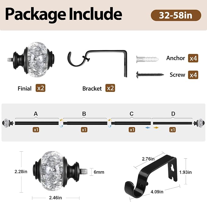 Black Curtain Rod, USFOOK 7/8 Inch Curtain Rods - Image 8