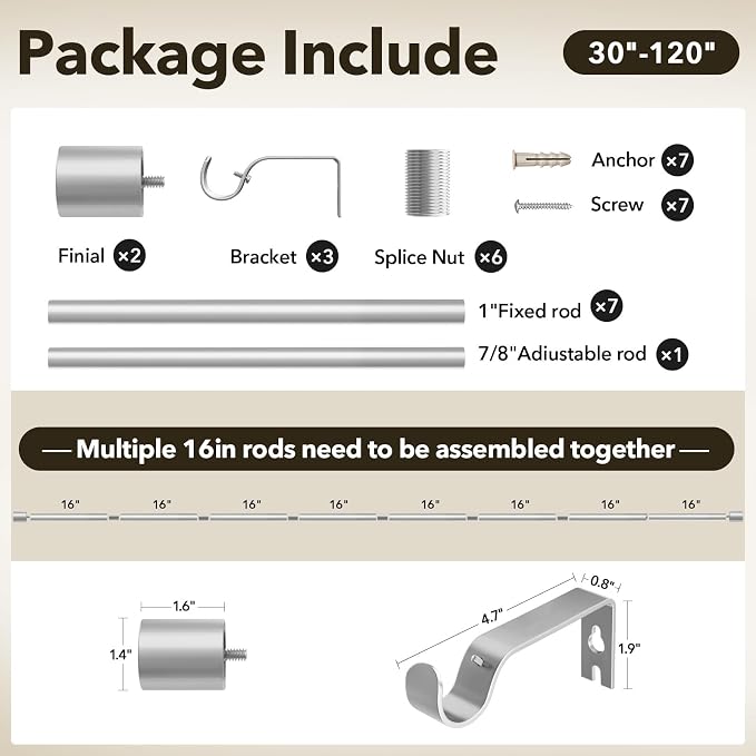 IFELS Heavy Duty Curtain Rods for Windows 66 to 120 Inch, 1 Inch Silver Curtain - Image 6