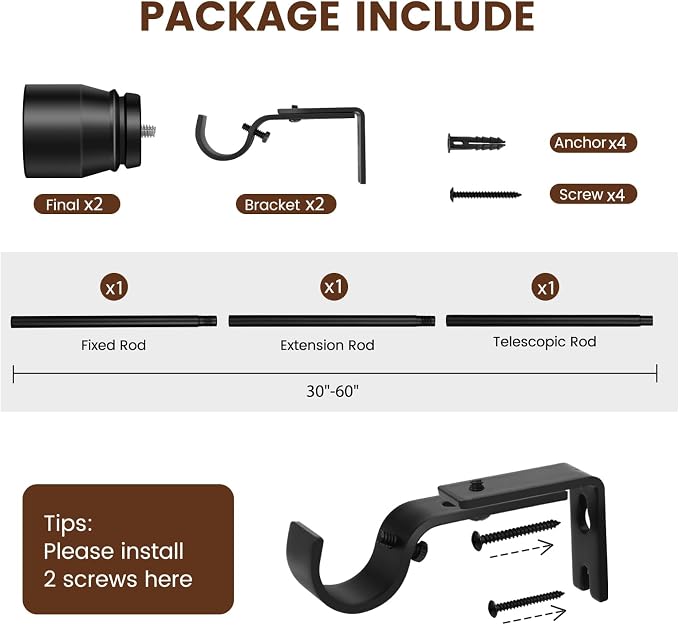 Hradecti 1' Diameter Matte Black Curtain Rod, 30-60 inch, Fits 30-54 Windows - Image 2