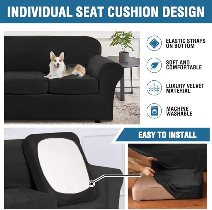 H.VERSAILTEX Real Velvet Plush 3 Piece Stretch Sofa Covers Couch Covers - Image 6