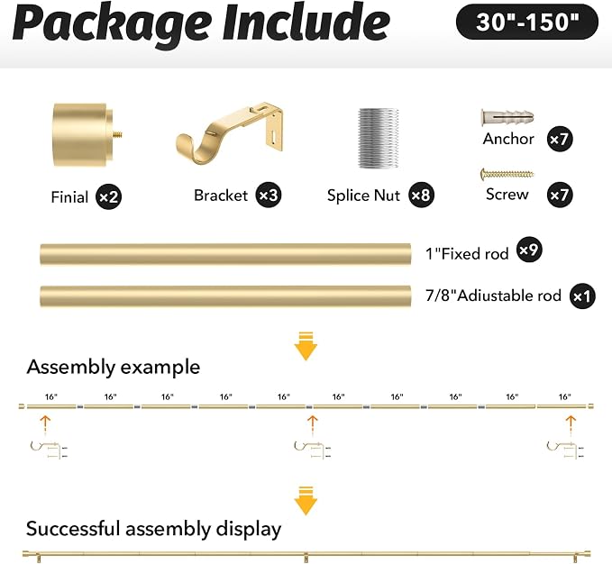 GEEBOBO Gold Curtain Rods for Windows 72 to 144 Inch, 1 Inch Adjustable Heavy - Image 6