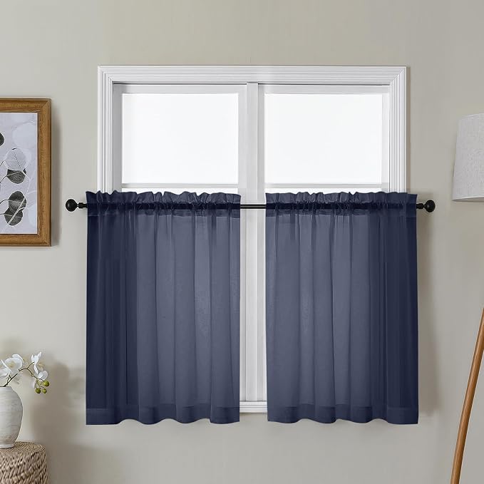Gwine Navy Blue Sheer Curtains 30 Inch Length, Short Light Filtering Voile by Gwine