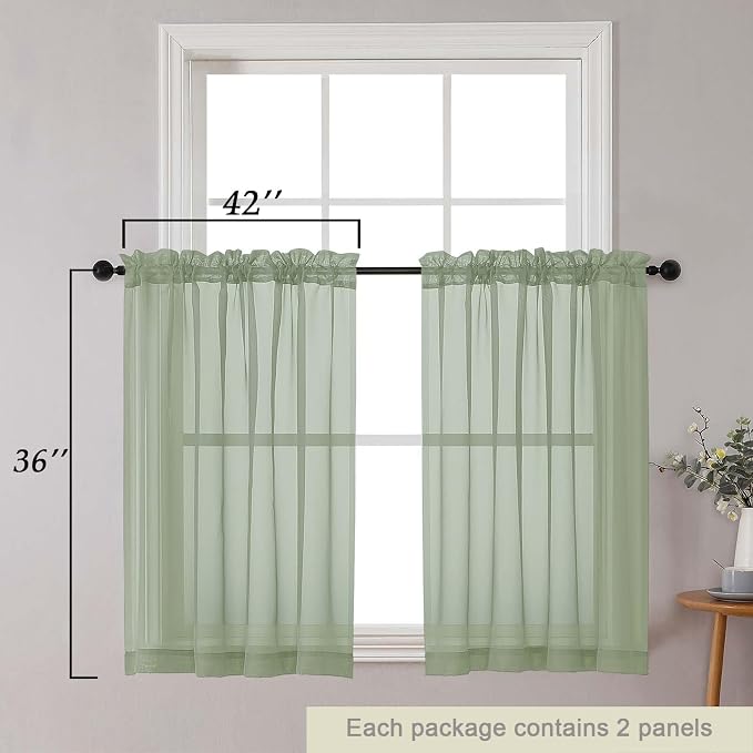 Cafe Curtains 36 Inch Length Tier 2 Pieces, Modern Soft Airy Sheer Kitchen - Image 2
