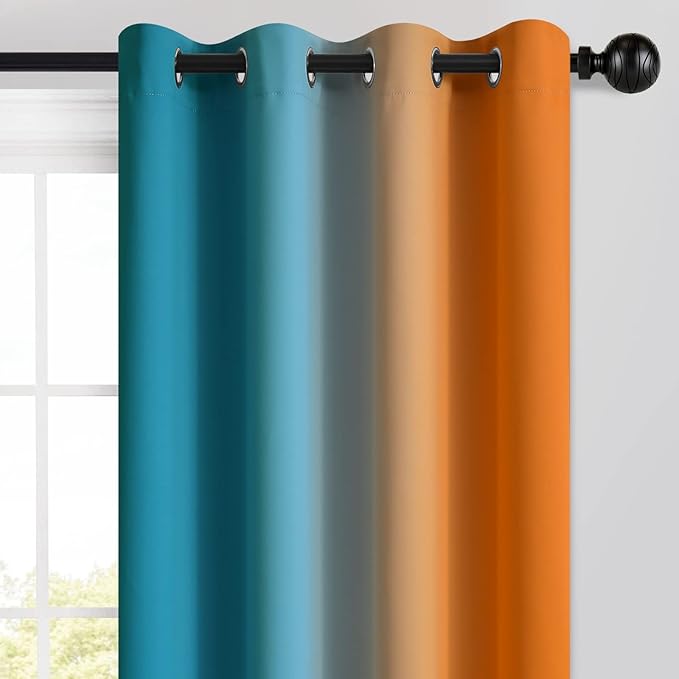Yakamok Orange and Blue Blackout Curtains, Ombre Full Room Darkening Window - Image 3