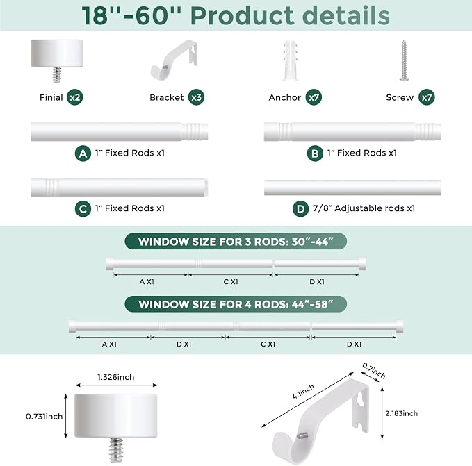 VOIIY White Curtain Rods for Windows 28 to 48 Inch, Size:30''-60'' - Image 9